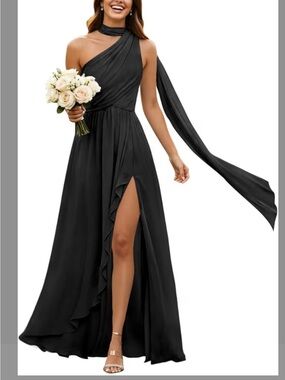 Elegant Black One-Shoulder Evening Dress with Slit and Scarf